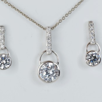 Sterling Silver/CZ Bar Drop Earrings and Pendant Set